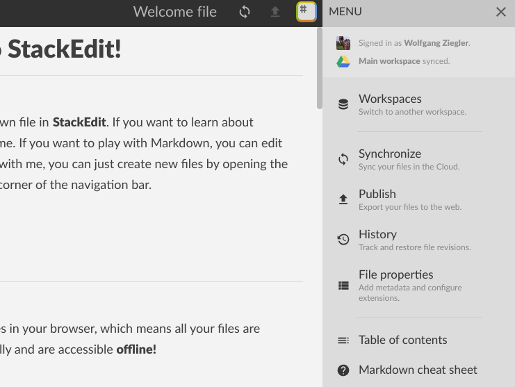 StackEdit Menu