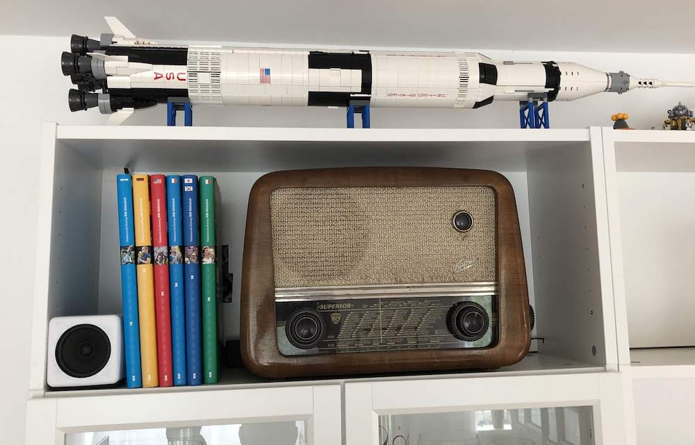 Echo Dot vintage radio on the shelf