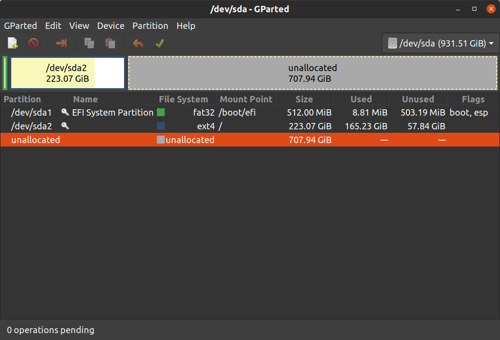 gparted shows unallocated space on the new SSD