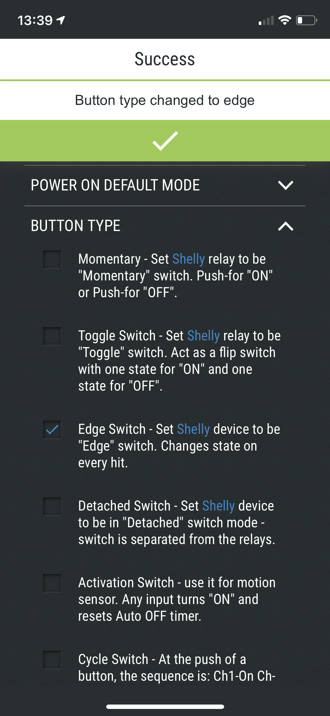 Set Shelly set Edge Switch Mode