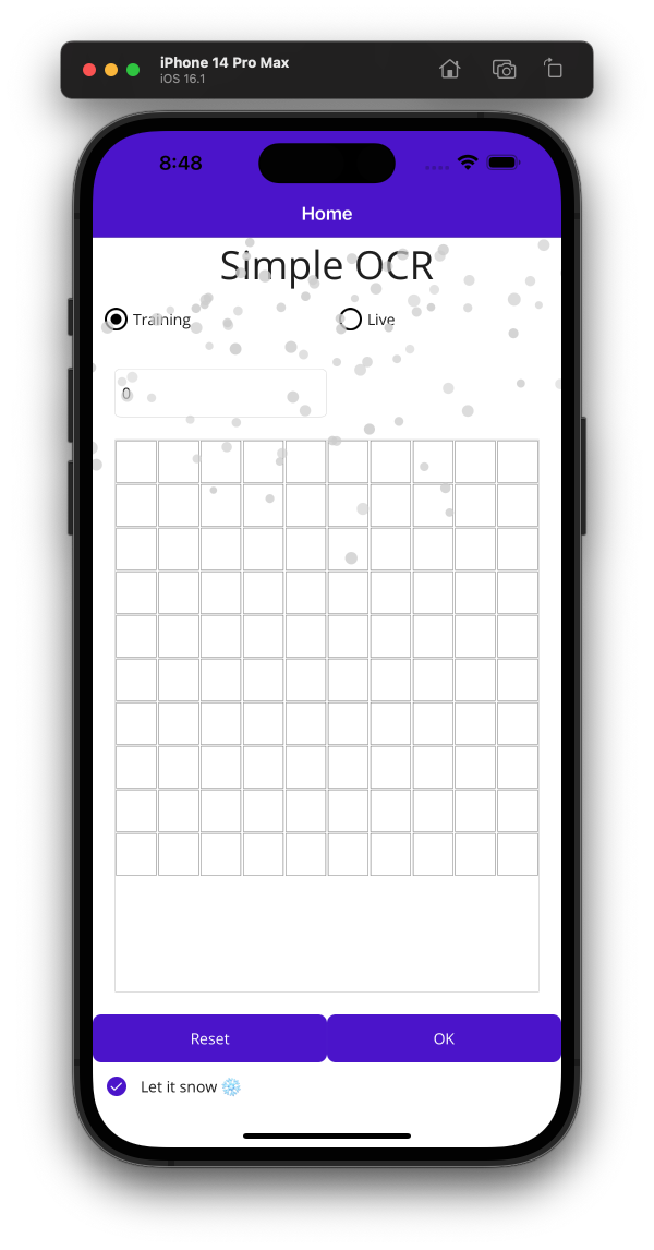 The SimpleOcr2 app with the added snowfall effect