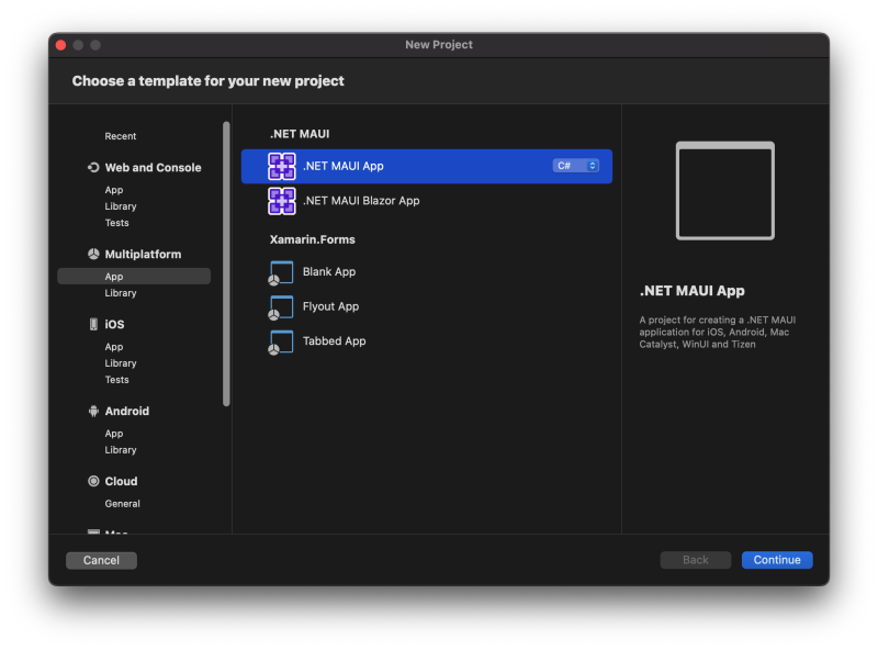 Create a new .MET MAUI app with Visual Studio for Mac