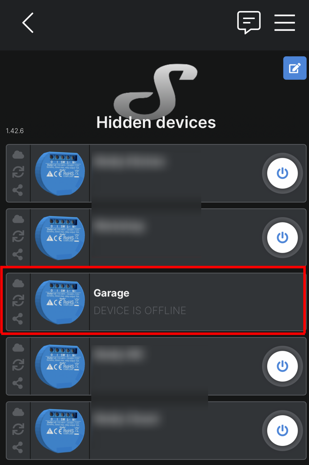 The dead device in the Shelly app