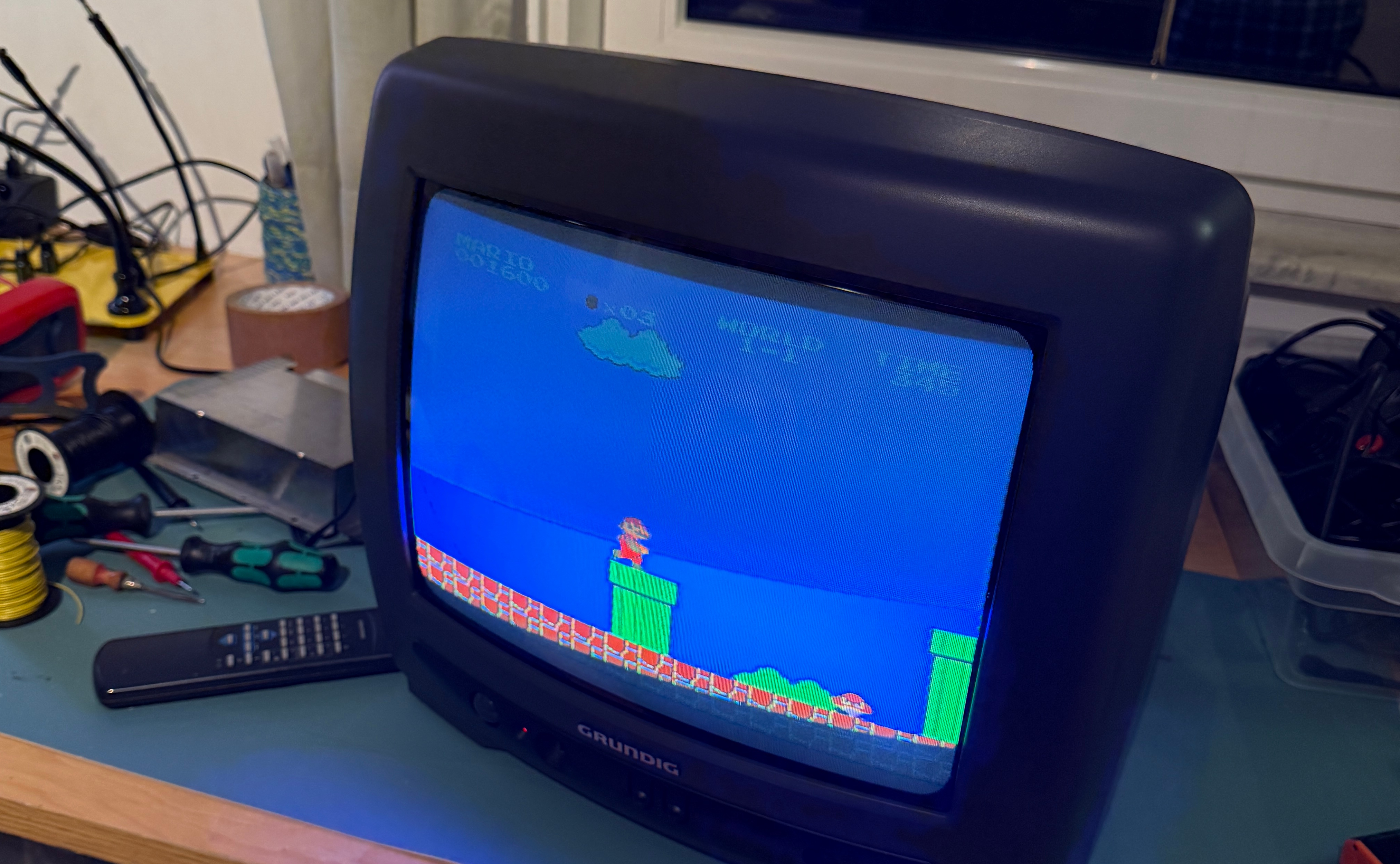 Super Mario on the fixed and modded NES connected to a CRT TV